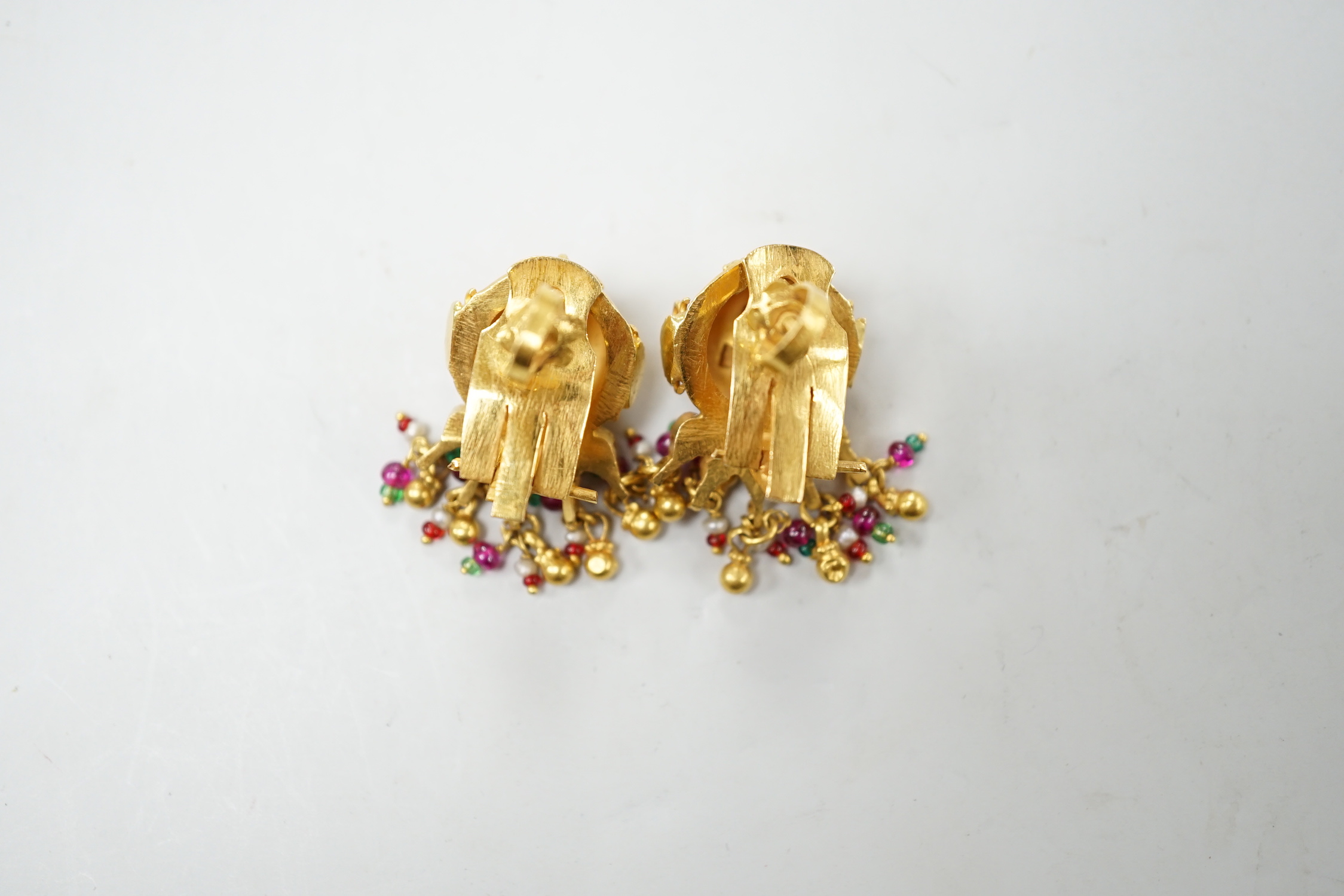 A pair of Indian yellow metal, enamel and tassel drop earrings, 33mm, gross weight 19.1 grams.